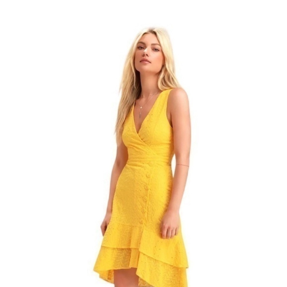 Yellow Lulu’s radient Ren yellow eyelet ruffled midi dress
